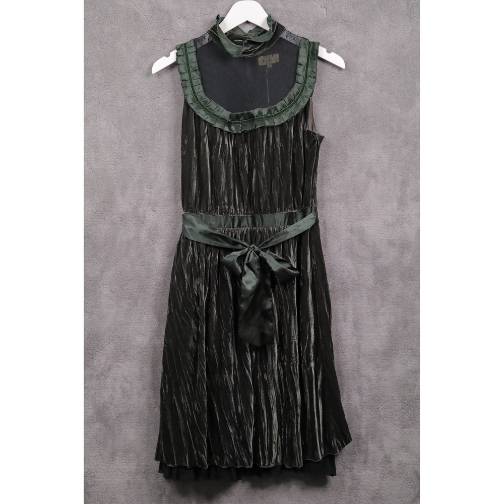 MINT Crushed Velvet Mock Neck Mesh Yoke Ruffle Satin Tie Dress Green Sz 3/M NWT